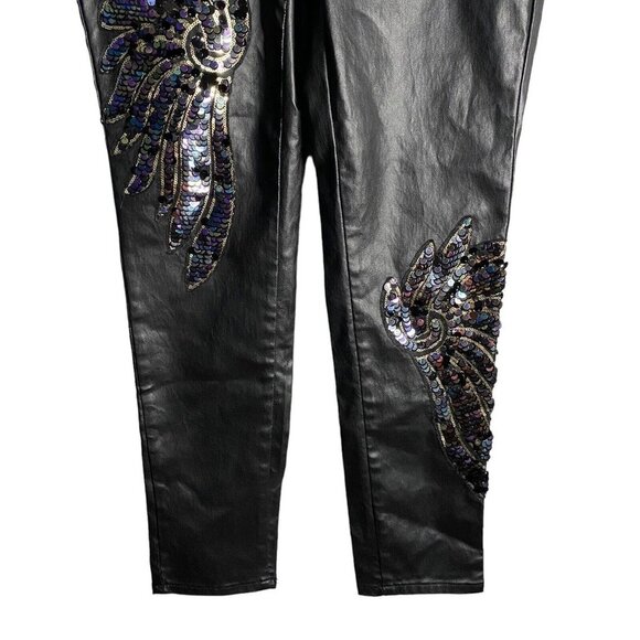 Venus Women's Black Faux Leather Sequin Wing Stretch Tapered Leg Pants - Picture 4 of 11